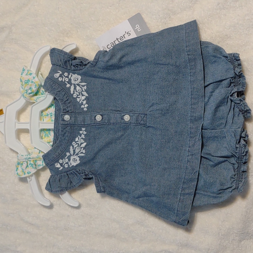 Carter's diaper cover set 3 piece onesie shorts shirt jean floral newborn nb NEW
